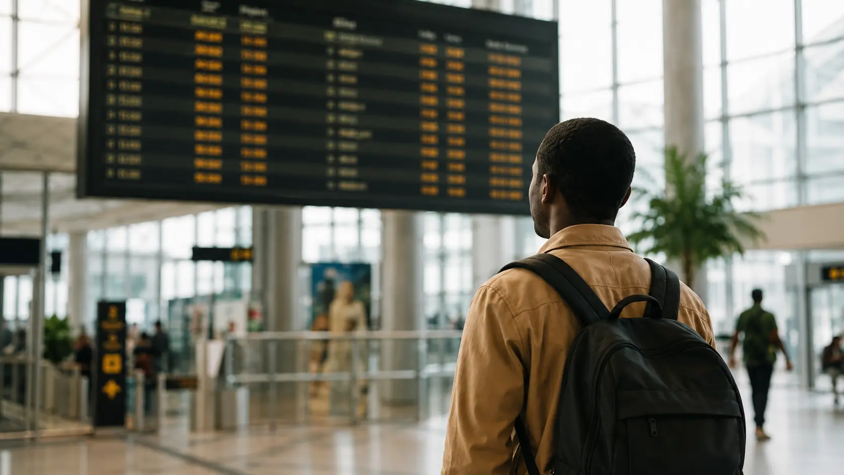 Voyageur devant le tableau des départs